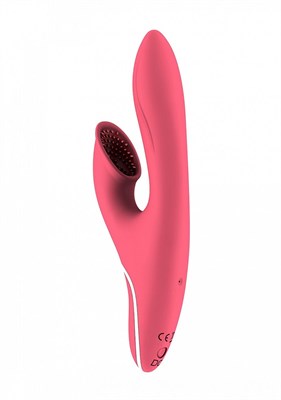 Розовый вибратор HIKY Rabbit с клиторальным отростком с функцией всасывания - 23 см. - фото 102586