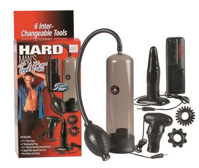 Набор для мужчин Hard Mans Tool Kit: вакуумная помпа, анальная пробка, эрекционные кольца и виброяичко - фото 72733