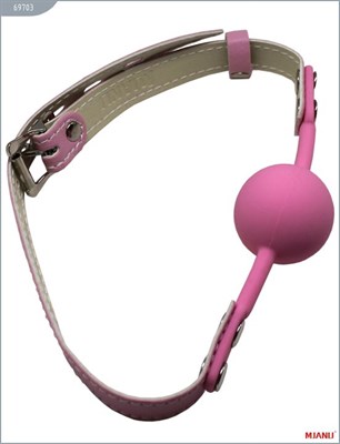Розовый силиконовый кляп с фиксацией розовыми кожаными ремешками - фото 90964