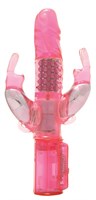 Розовый вибратор с вращающимися шариками и двумя отростками-зайцами - 25 см.